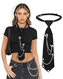 JENSVOIR Tie for Women - Black Heart Chain Punk Metal Necktie Pre-Tied Adjustable Necktie for Uniform School Shirt Accessory