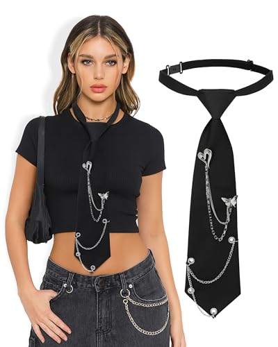 JENSVOIR Tie for Women - Black Heart Chain Punk Metal Necktie Pre-Tied Adjustable Necktie for Uniform School Shirt Accessory