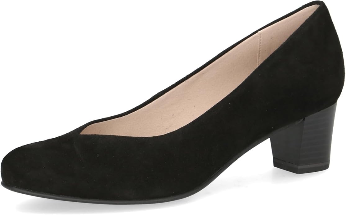 CAPRICE Women Pumps Leather Block Heel, Black (Black Suede), 3.5 UK