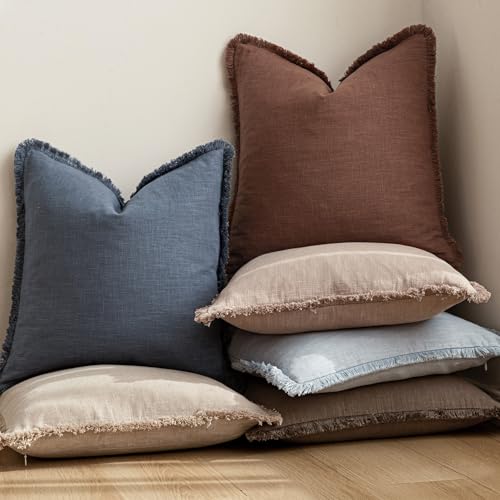 Image of Foindtower Decorative Linen Fringe Throw Pillow Covers Cozy Boho Farmhouse Cushion Cover with Tassels Soft Accent Pillowcase for Chair Sofa Bed Living Room Home Decor, 26x26 Inch,1PC,Sky Blue