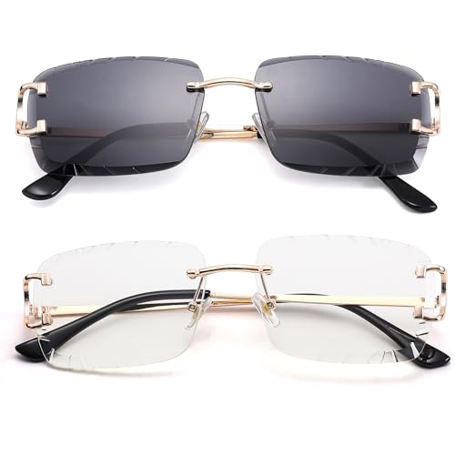 Image of Hycredi Rimless Rectangle Sunglasses for Men /Women- Frameless Square Trendy Shade - Diamond Cutting Eyewear
