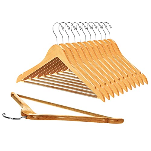 Image of Naayaab Craft Solid Wooden Hangers | 360 Swivel Hook and Notches | Wooden Clothes Hanger for Hanging Garments and Accessories with Non-Slip Bar (Natural) Pack of- 12