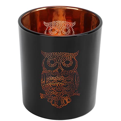 Photophore Hibou Noir Or Bougie Bougeoir en Verre Lunettes Romantiques Lanterne Lumières Élégantes Décoration pour Fête, Anniversaire, Noël, Maison