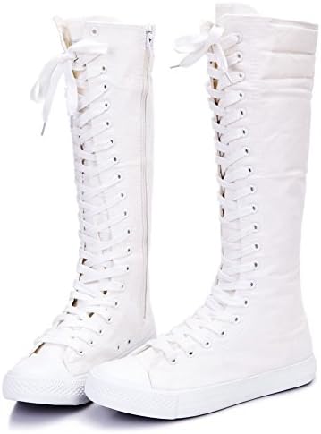 Women's Lace Up Dancing Canvas Knee-high Boots (White 801