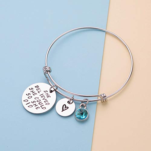 Image of LIUANAN Stainless Steel Inspirational Encouragement Bracelet She Believed She Could So She Did Expandable Bangle Birthstone Charm Cuff Bracelet