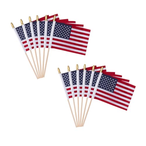 JRED 12 Pack Cotton Small American Flags on Stick, Mini 4x6 Inch Handheld US USA Flag with...