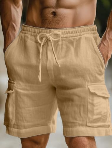 Image of INKKR Men's Cargo Linen Shorts Beach Shorts Drawstring Elastic Multi Pocket Plain Comfort Breathable Knee Length Cotton Shorts