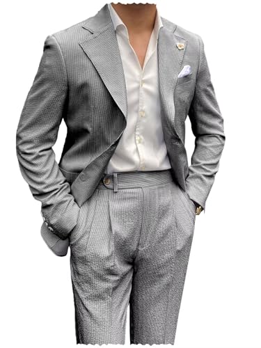 Mens Striped Seersucker Suit 2 Piece Slim Fit Casual Suit for Wedding Lightweight Tuxedo