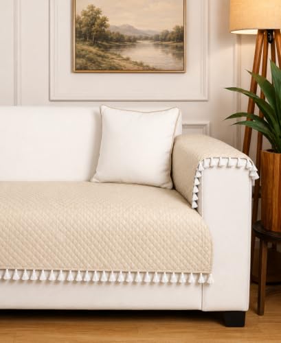 Image of Roseate Quilted Velvet Sofa Cover with 2 Arm Cover (2 Seater / 48 inchx27) Sofa Protector for Living Room /Bedroom interiors (Beige) with Tassels