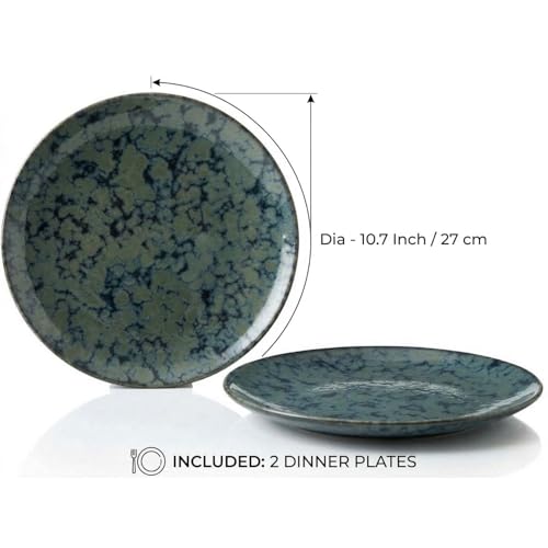 Image of Freakway Artisan Reactive Glaze Dinner Plates, Set of 2 - 10.7 inch Round Ceramic Tableware, Emerald Moss Blue, Microwave & Dishwasher Safe
