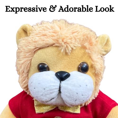 Image of Tickles Cute Sitting Lion Wearing Shirt Soft Stuffed Plush Animal Toy for Kids Boys & Girls Birthday Gift (Size: 25 cm Color: Brown & Red)