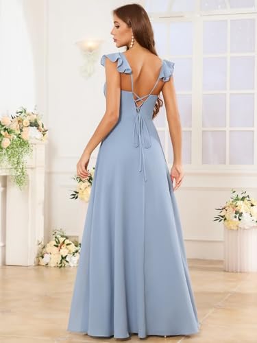 Ruffle Chiffon Bridesmaid Dresses for Women Flutter Cap Sleeve Long Formal Evening Dress with Slit2