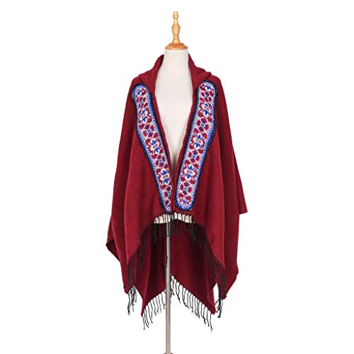 JIAJU Mujer Elegante con Capucha de Invierno borlas Ponchos Chales Cabos con Flecos Dobladillo de Las Mujeres con Capucha de Punto Floral del Poncho del Cabo del suéter (Color : Blue Red)