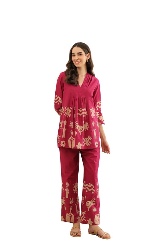 Women's Pink Printed Cotton Co-ord Set-image-49
