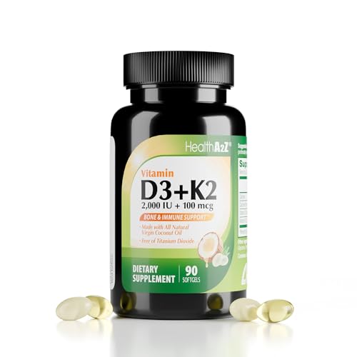 HealthA2Z Vitamin D3 (2 000 IU) + K2 (MK-7) Made with Virgin Coconut Oil (Natural MCTs) - 90 Softgels (Pack of 1) - Helps Calcium Absorption for Bones Teeth Mood & Immune Health