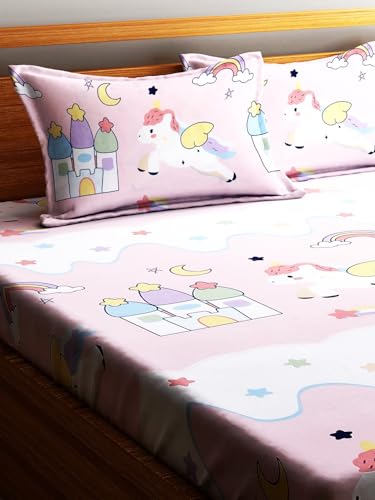 Image of Home Sizzler Microfibre Kid's Unicorn Double Bedsheet with 2 Pillow Covers (144TC, Baby Pink, 1 Bedsheet + 2 Pillow Covers)