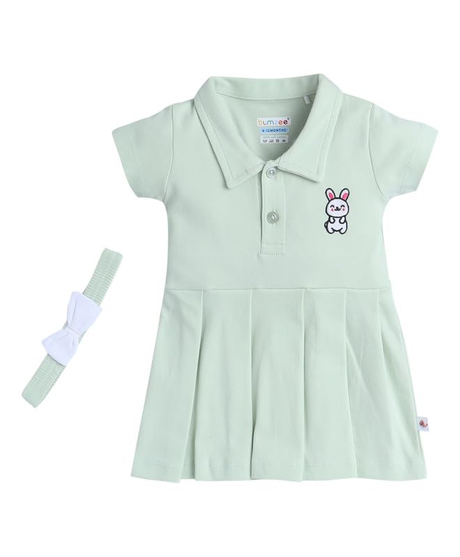 BUMZEE Baby Girls Cotton Half Sleeves Knee Length Frock With Headband