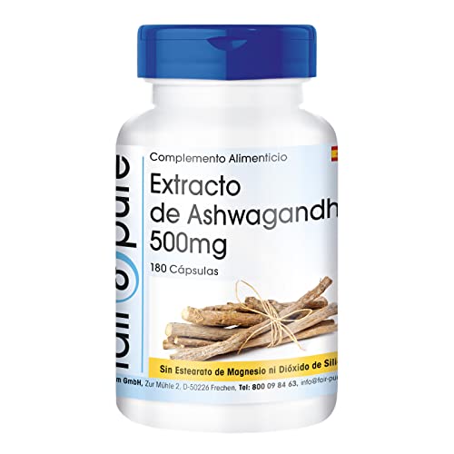 Fair & Pure® - Extracto de Ashwagandha 500mg - Vegano y natural - 5% de withanólidos - Alta pureza - 180 Cápsulas