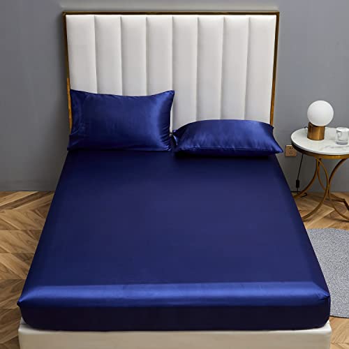 Damier Satin Spannbettlaken 100x200cm Blau Glänzend Seide Bettlaken Hochwertiges Deluxe Unifarben Spannbetttuch… – Ansicht 1