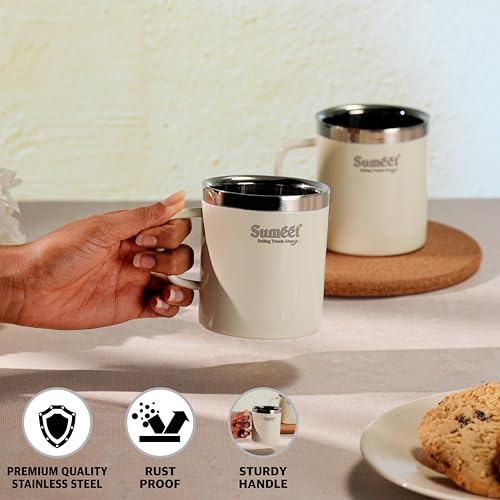 Image of Sumeet Stainless Steel Coloured Double Wall Tea /Milk /Coffee Mug Set of 2Pc - 300ml - Ivory