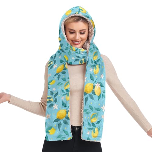 Bonnet d'hiver à capuche 3 en 1 pour femme écharpe gants intégrés à motif citrons