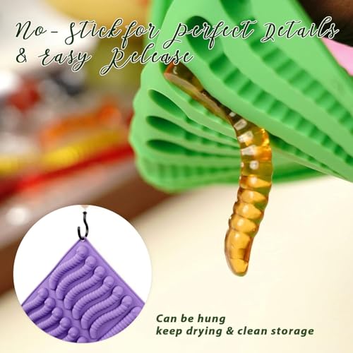 Image of LUSHYUM Gummy Worm Molds Silicone 6ML 14ML, 4PCS Non-Stick Silicone Large Worm Molds for Chocolate Gummy Candy 60 Cavity with 2 Droppers & Brush, Ideal Gift for Kids Adult Halloween Party