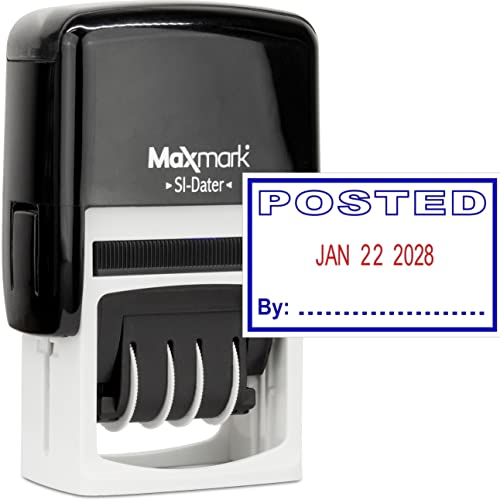 MaxMark Office Self Inking Date Stamp with Phrase Posted - 2 Color Blue/Red Ink