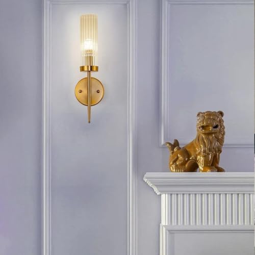 Image of Golden Mini Torchiere Wall Sconce with Fluted Cylindrical Glass for Decorative Living (Antique Finish, 01)