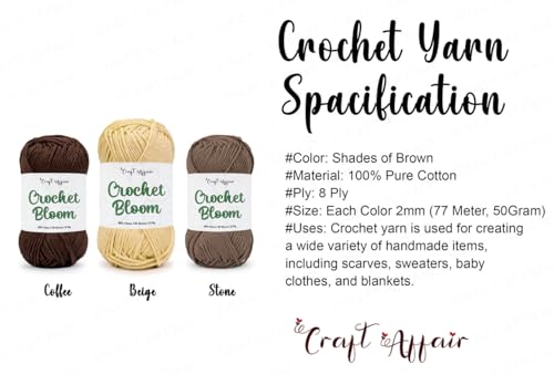 Image of Craft Affair | Crochet Bloom Cotton Yarn 8ply (Each Color 2mm, 77Meter, 50Gram) 100% Pure Cotton | for Knitting Yarn | Craft & DIY Project: Coffee, Beige, Stone