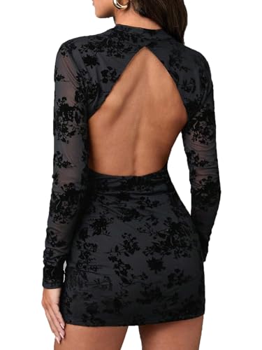 Image of Women's Out Back Mock Neck Floral Mesh Long Sleeve Bodycon Mini Club Dress