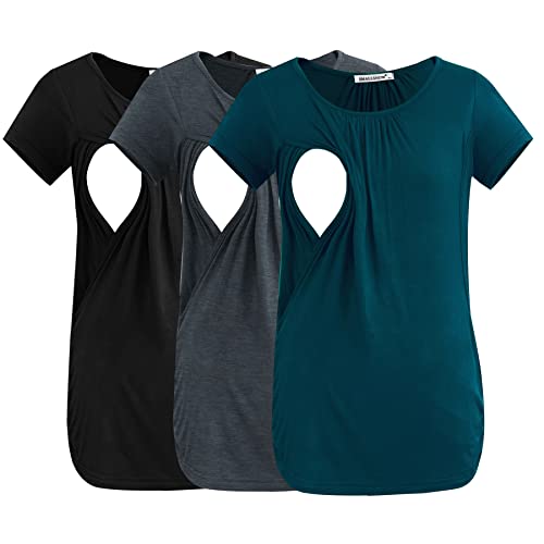 Image of Smallshow Women's Nursing Tops Ruched Short Sleeve Breastfeeding Shirts 3-Pack