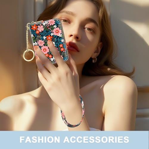 Image of Aiawoxc Credit Card Holder, Small RFID Wallet Slim Leather Card Organizer Case with Zipper and Wristlet Strap, Cute Flowers