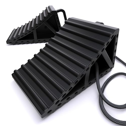 LEADBRAND Wheel Chocks for Cars, RVs, Trucks, Trailers, and Vehicles G.V.W. up to 8T, 2 Pack with Handle and Rope - Anti Slip Bottom Tire Chock for All Weather Use - Accessory Must (Black - 2 Pack)