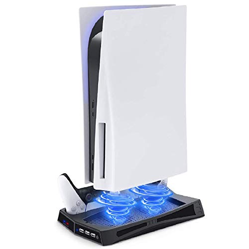 TPFOON Vertikaler Stander Ladestation für PS5 Controller, Lüfter Kühler standfuß mit Type C Ports, PS5 Controller Ladesation für Playstation 5 DE/UHD Cover
