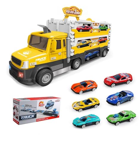 Image of Happy Hues Big Hauler Storage & Deform Truck Toy with 55 inch 2 Ejection Race Track & 6 Die-cast Cars- Catapult Truck with LED Light & Music for Kids (Yellow)