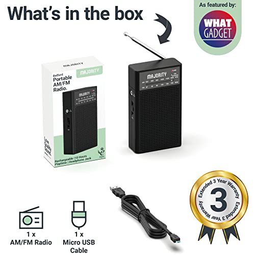 Majority Rechargeable Fm/Am Pocket Radio Mini Portable Radio With 10 Hours Of Playback, Usb Charging And Headphone Jack Majority Belford Go Fm And Am Radio Clear Sound Quality And Excellent Reception #TOP5
