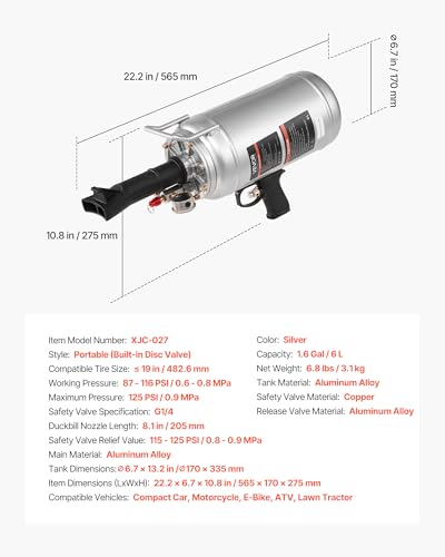 Image of VEVOR Portable Tire Bead Seater, 1.6 Gal / 6 L Air Bead Blaster, Handheld Tire Inflator Tool, 87-116 PSI Operating Pressure, Trigger Seating Inflator for Car, Compact SUV, Light Truck, E-Bike, RV, ATV