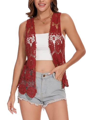 Image of Anna-Kaci Lace Front Open Sleeveless Top Cardigan Crochet Vest Cover up Summer Beachwear