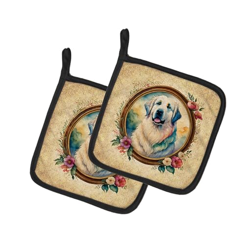 Caroline's Treasures Great Pyrenees and Flowers Pair of Pot Holders Kitchen Heat Resistant Pot Holders Sets Oven Hot Pads for Cooking Baking BBQ, 7 1/2 x 7 1/2