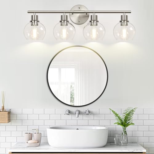 Image of Indoi 4-Light Bathroom Light Fixtures, Brushed Nickel Modern Vanity Lights Over Mirror with Clear Glass Globe Shade, Bathroom Wall Sconces for Mirror Kitchen Living Room Hallway Cabinet Bedroom Porch