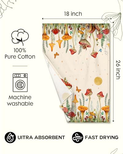 Image of Miss Adola 150GSM Flour Sack Kitchen Towels Set of 2, Mushroom Moon | 18 inchx26 inch, Lightweight, Lint-Free, Pure Cotton, Decorative, with Hanging Loop, Absorbent, Softer after Wash, Giftable Package