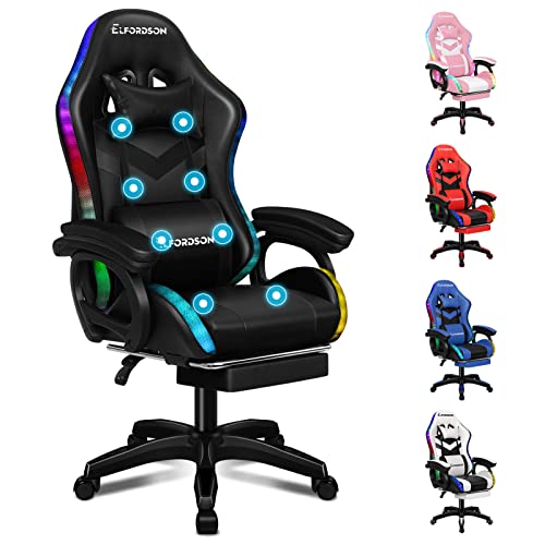 ELFORDSON Gaming Chair with 8-Point Massage LED Light, Computer Office Chair with Footrest 82cm High Back 150° Recliner, PU Leather, Black
