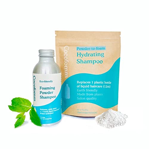 Cocofomm Foaming Shampoo Powder - Travel Shampoo Concentrate - Just Add Water - Up To 80 Washes - Camping Shampoo - For Outdoors, Gym - Natural, Plastic Free, Biodegradable - Normal Dry Hair (1 Bottle +1 Refill) - Cocofomm #TOP21