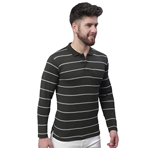 Image of Venitian Men Striped Cotton Polo Neck Full Sleeves T-Shirt with Pocket