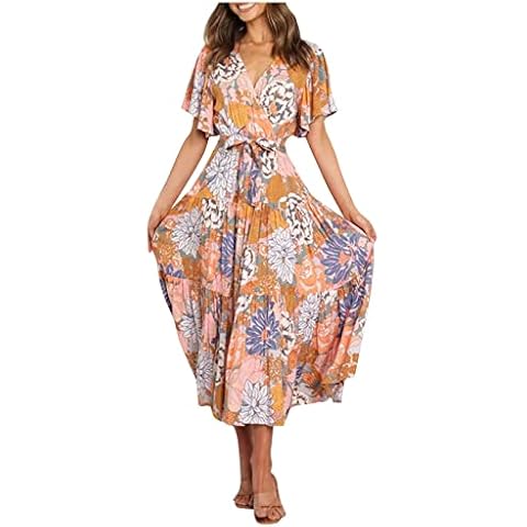 ZXZX Women's Summer Casual Printed Short Sleeve Nipped Waist Long Dress Boho Dress Cover