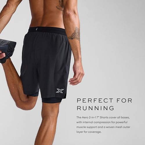2XU Men's Aero 2-in-1 7 Inch Shorts - Powerful Muscle Support and Compression - Black/Silver Reflective2