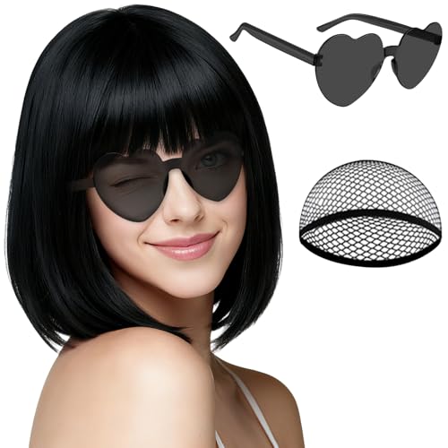 Image of PLULON Black Short Bob Wig with Bangs for Women, Colorful Neon Short Bob Synthetic Hair Wigs with Hair Cap Heart Sunglasses for Adults Men Daily Bachelorette Halloween Costume Party Supplies