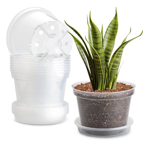 7 Pack 8 Inch Clear Nursery Pots with Saucer Transparent Plastic Plant Pot with Drainage Holes Sturdy Plant Starter Pots Planter Pot for Planting Succulent Flower Herb Vegetable Gardening Gifts