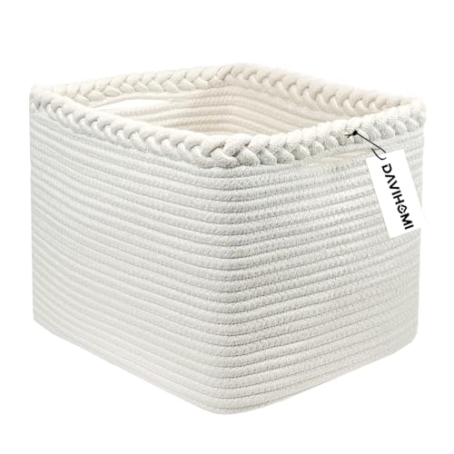 Image of Rectangular Woven Cotton Rope Basket for Organizing, Gift Baskets for Handles, Empty Gift Baskets, Medium Rope Basket|13.5 inch x 11 inch x 9.5 inch home decor for Toys,Towels, Pillows,Clothing（White）