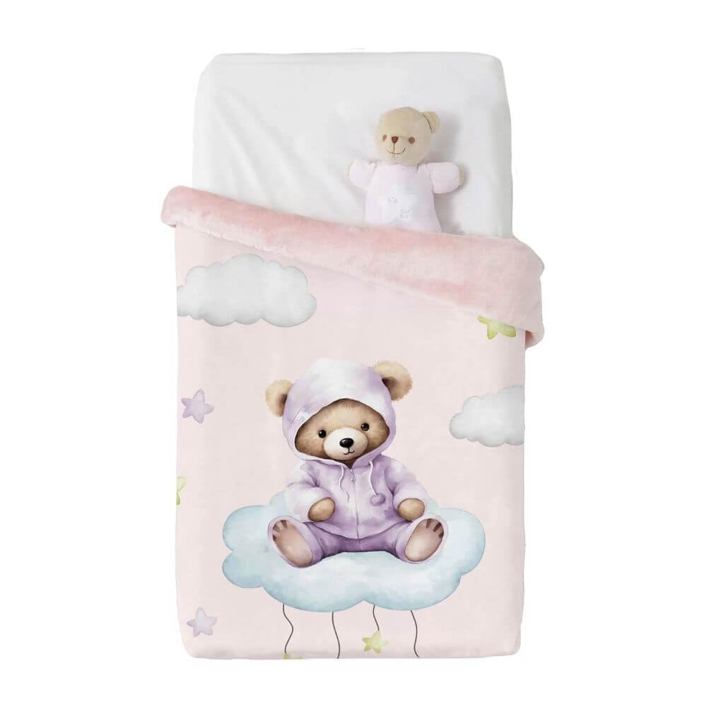 Manta bebé Cuna Terciopelo Estampado Oso dormilón Diseño 537 VIP (04 Rosa)